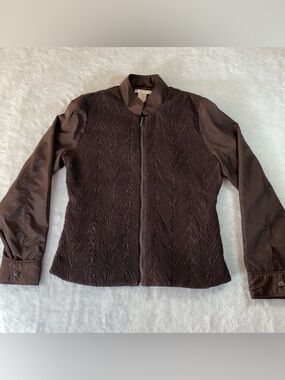 Zoe D. Brown Chevron Pleated Zip Front Mock Neck Jacket Size S Textured
